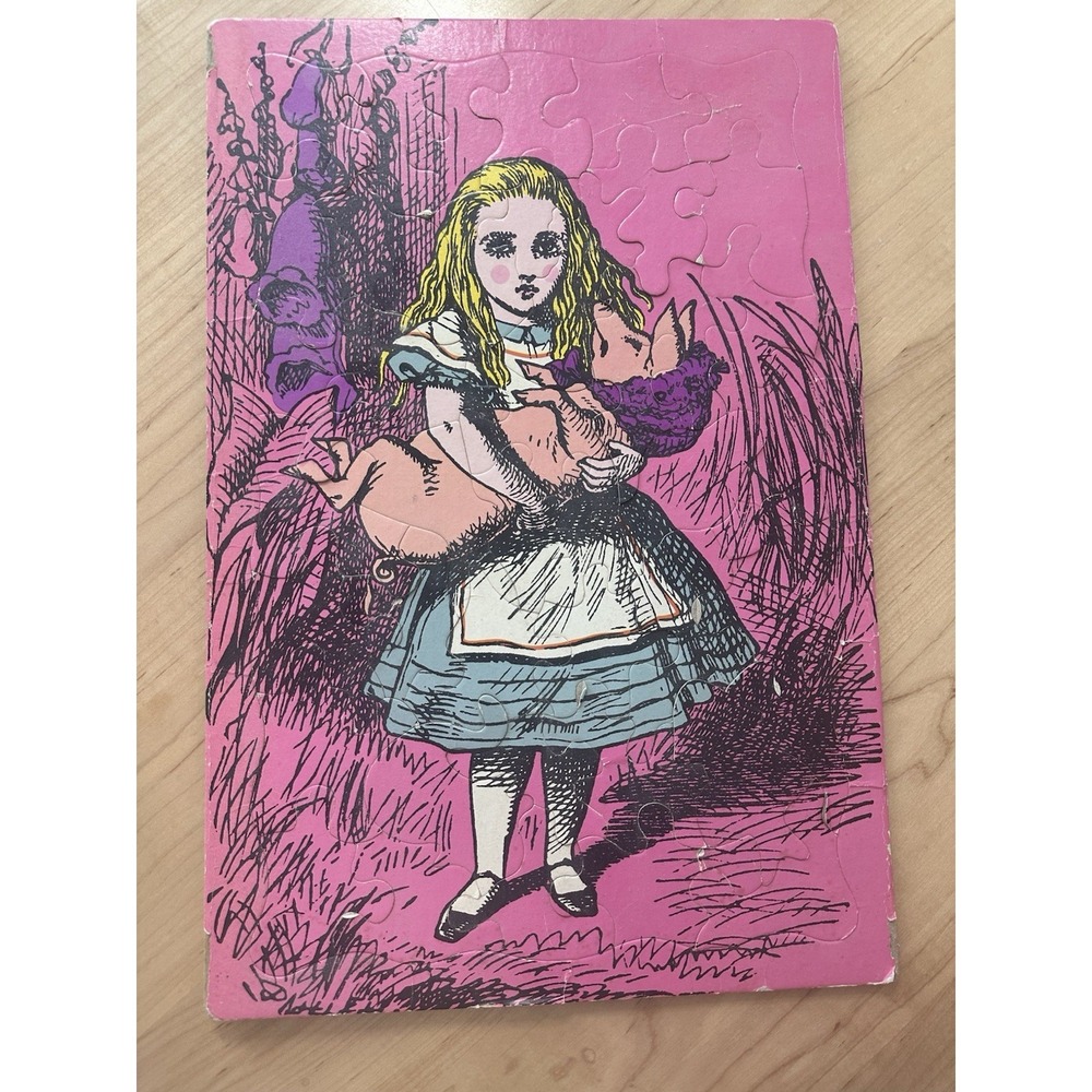 Vintage Alice In Wonderland Storybook Puzzle Colorforms Art Pig Baby Pink